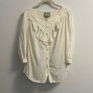 Anthropologie Maeve Button Down Ruffle Blouse - Ivory White- Size 6